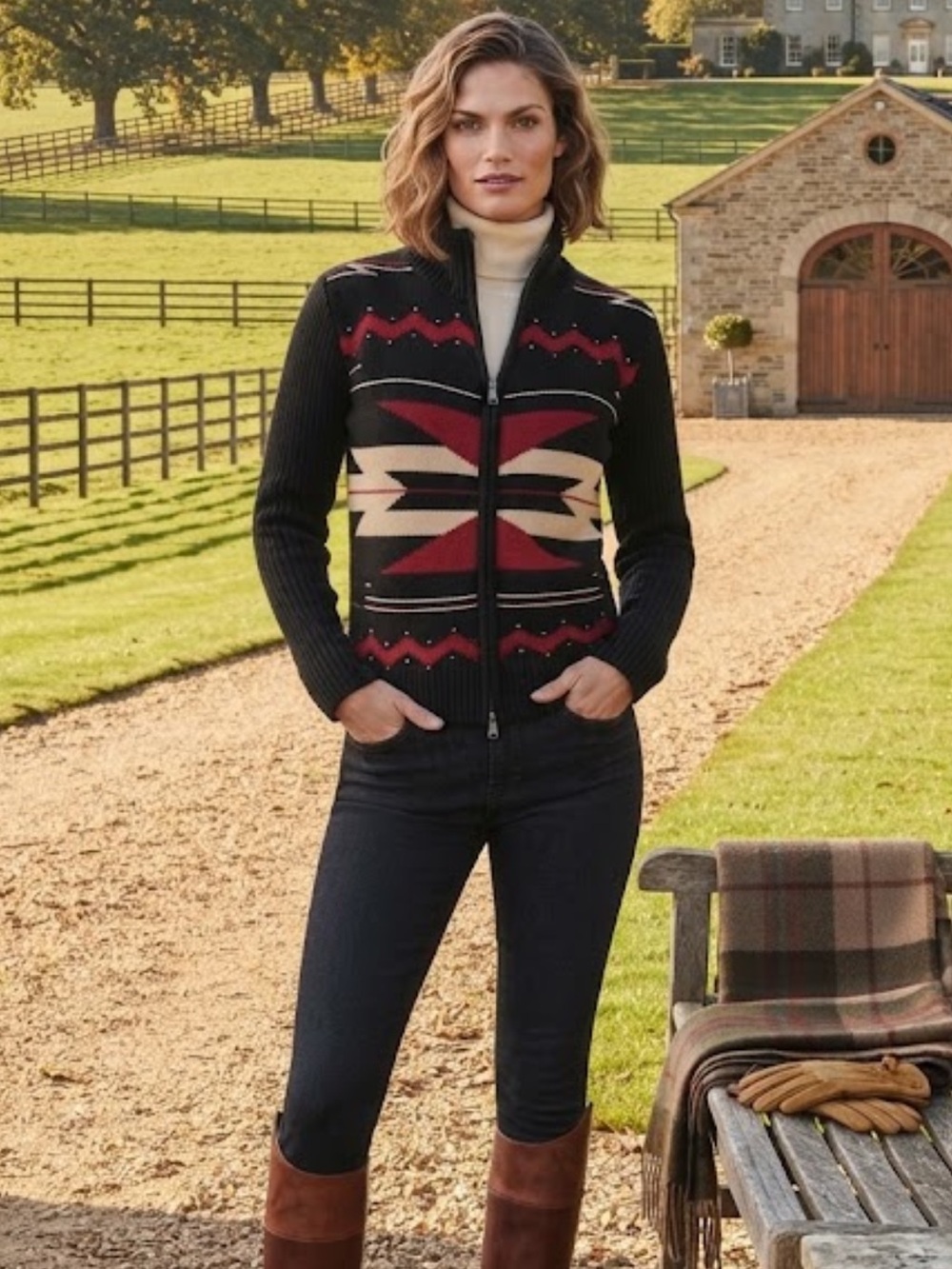 Vintage Chaps Denim Ralph Lauren Black n Red Geometric Women's Zipper Cardigan